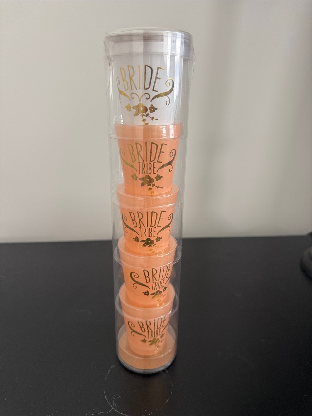 Bride Tribe Stackable Shot Cups - Peach with Gold Lettering

Unopened, unused